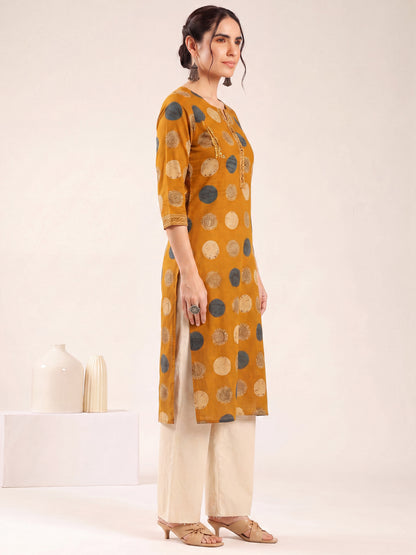 Mustard Ajrakh Straight Cotton Kurta