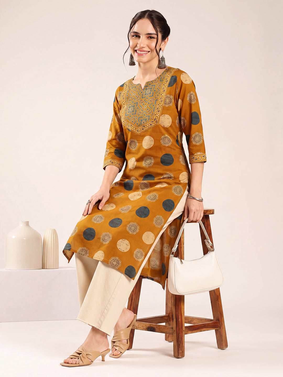 Mustard Ajrakh Straight Cotton Kurta