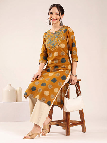 Mustard Ajrakh Straight Cotton Kurta
