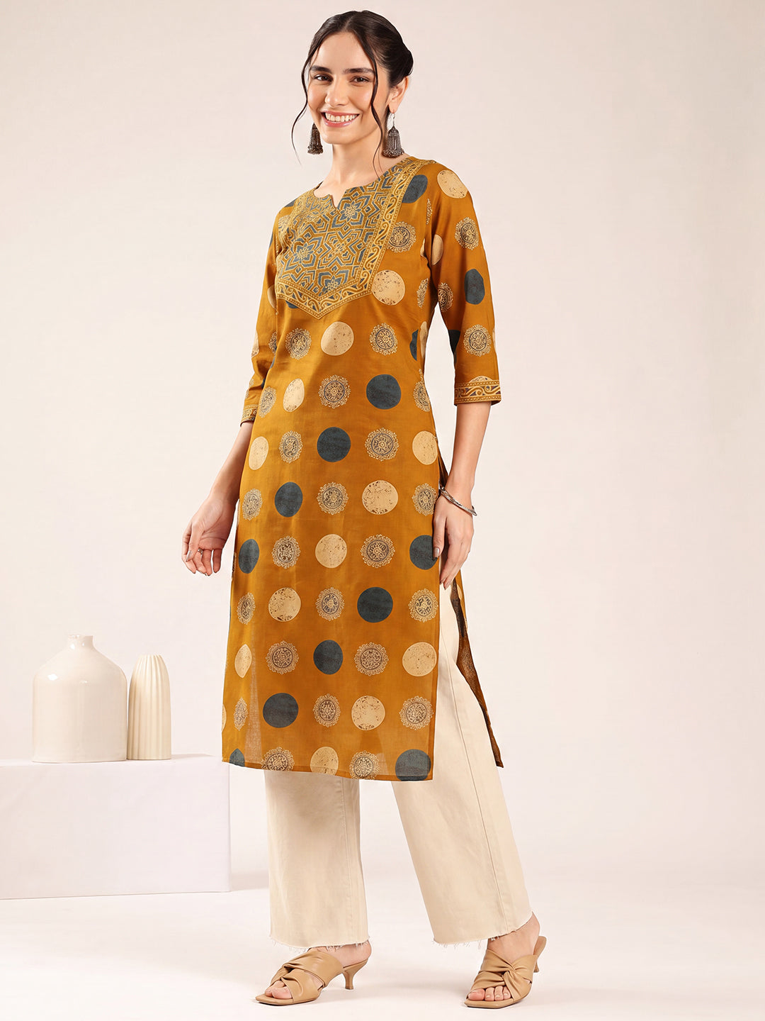 Mustard Ajrakh Straight Cotton Kurta