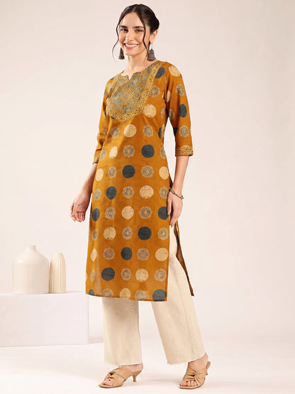 Mustard Ajrakh Straight Cotton Kurta