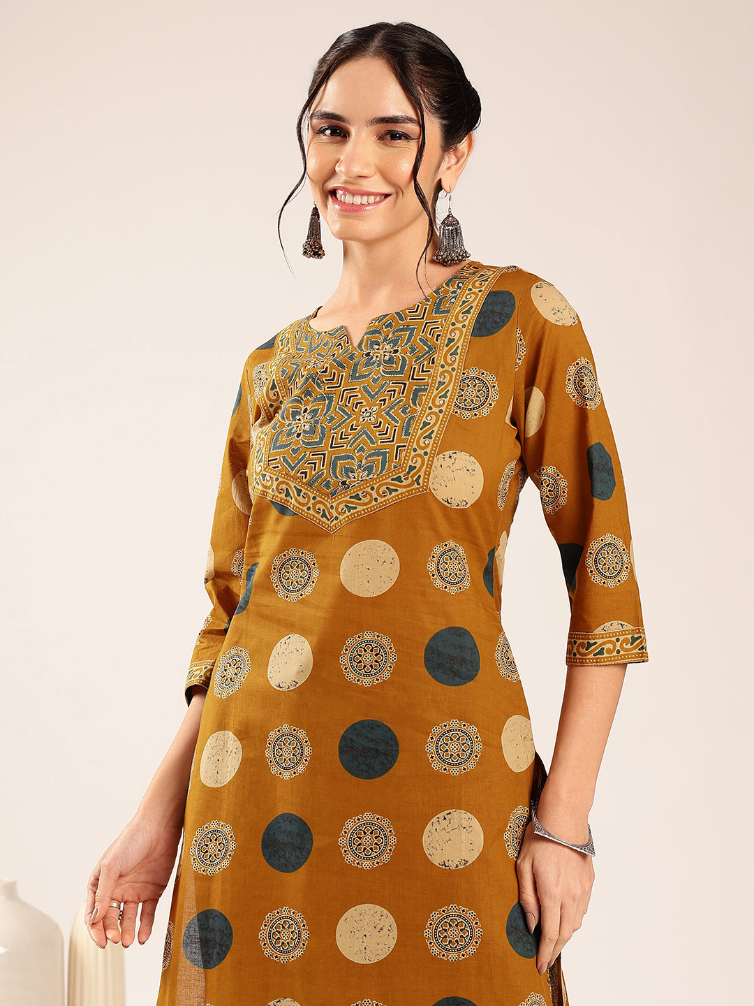 Mustard Ajrakh Straight Cotton Kurta