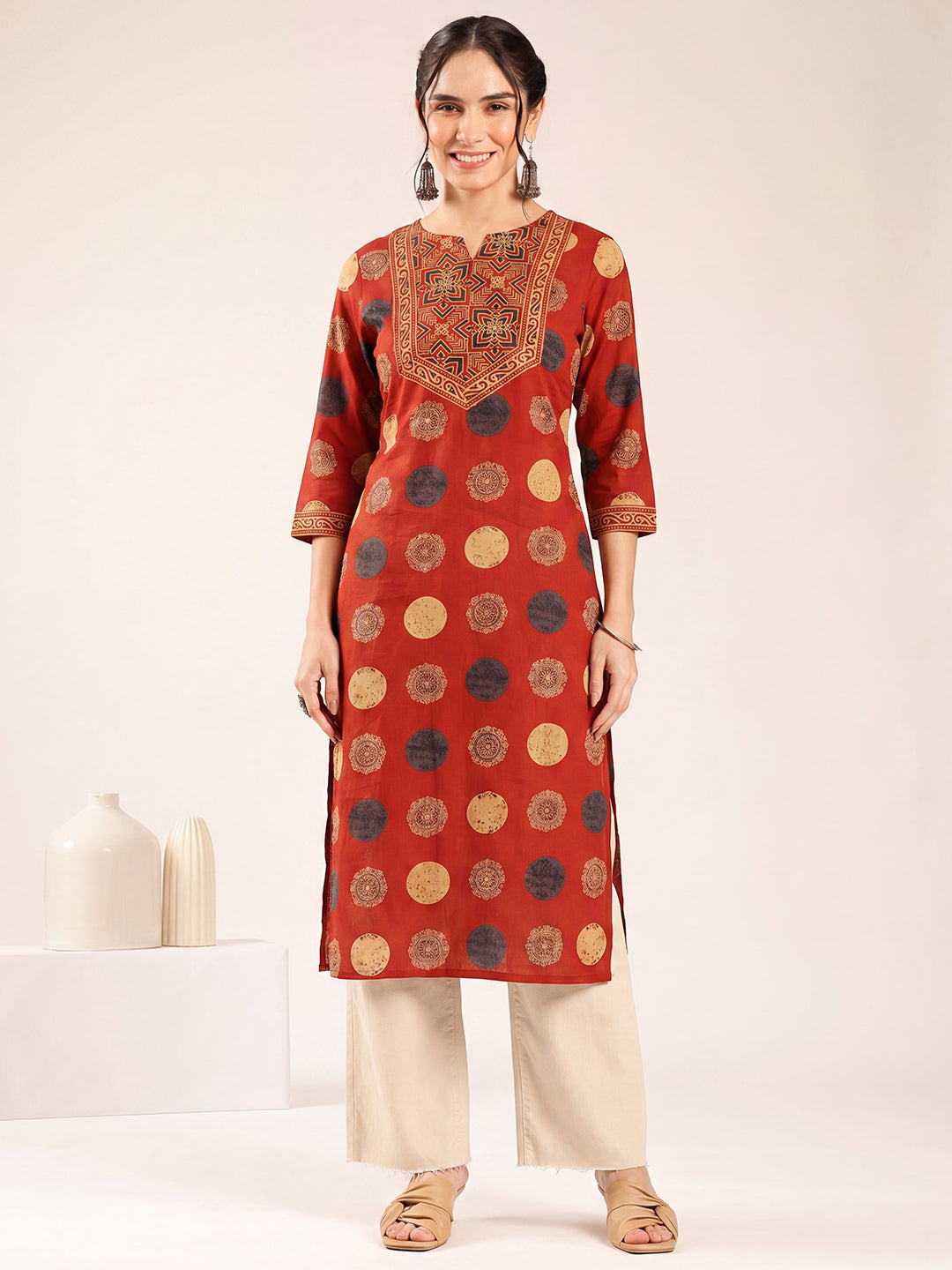 Red Ajrakh Straight Cotton Kurta