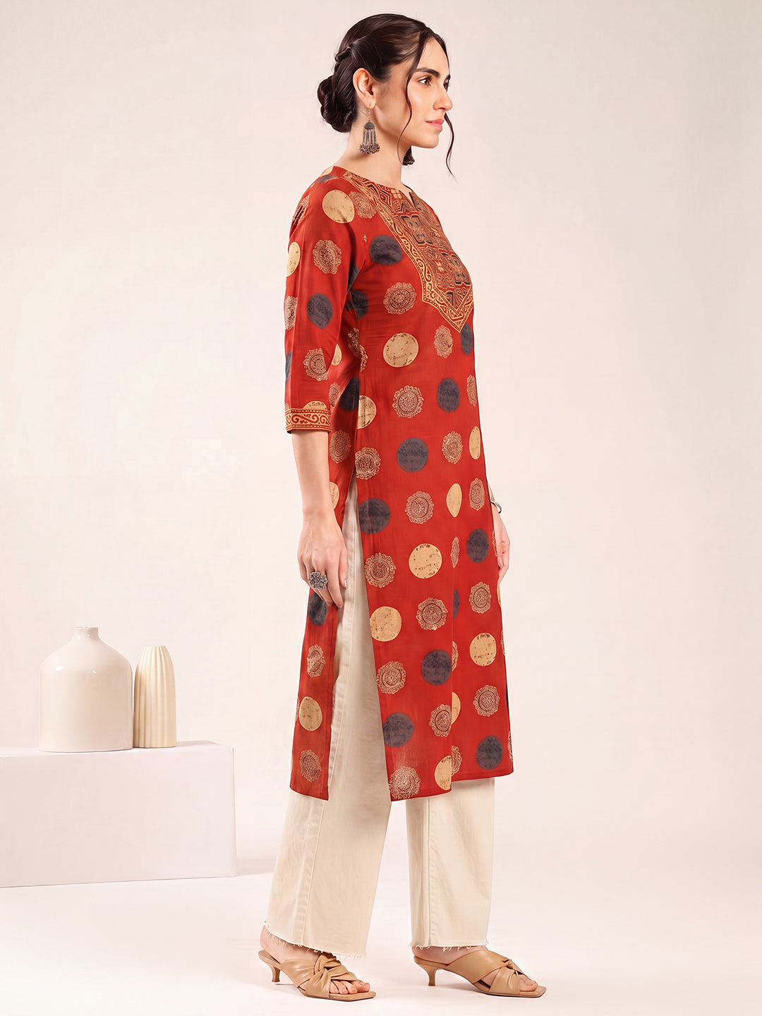 Red Ajrakh Straight Cotton Kurta