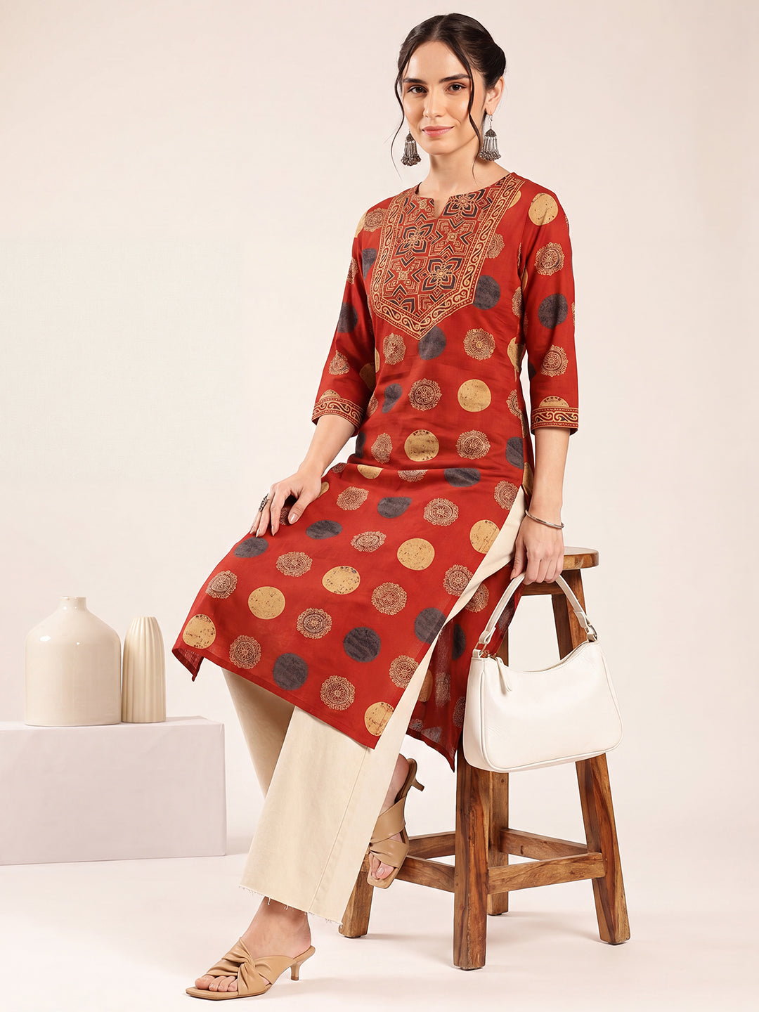 Red Ajrakh Straight Cotton Kurta