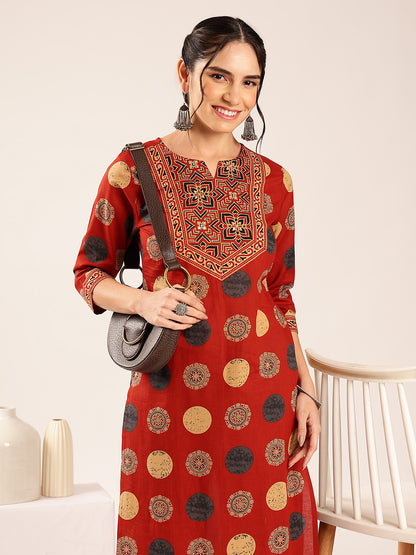 Red Ajrakh Straight Cotton Kurta
