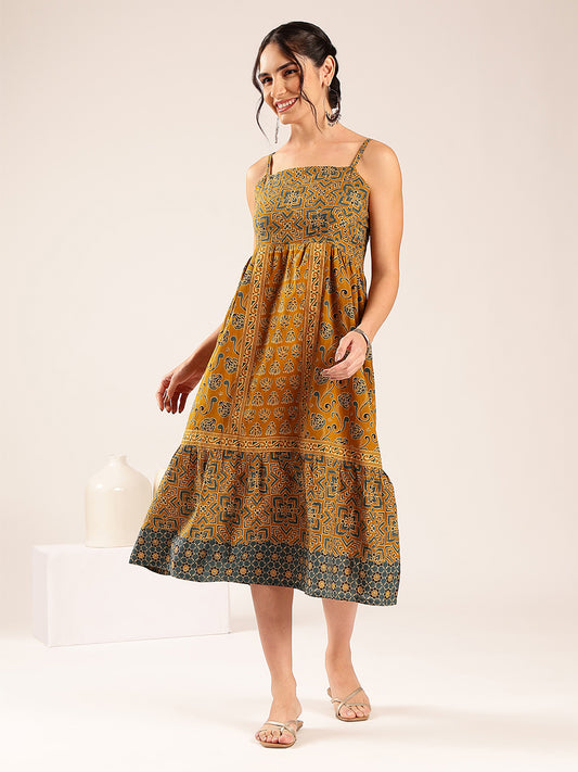 Mustard Geometric Print Flared Cotton Stitched Dress