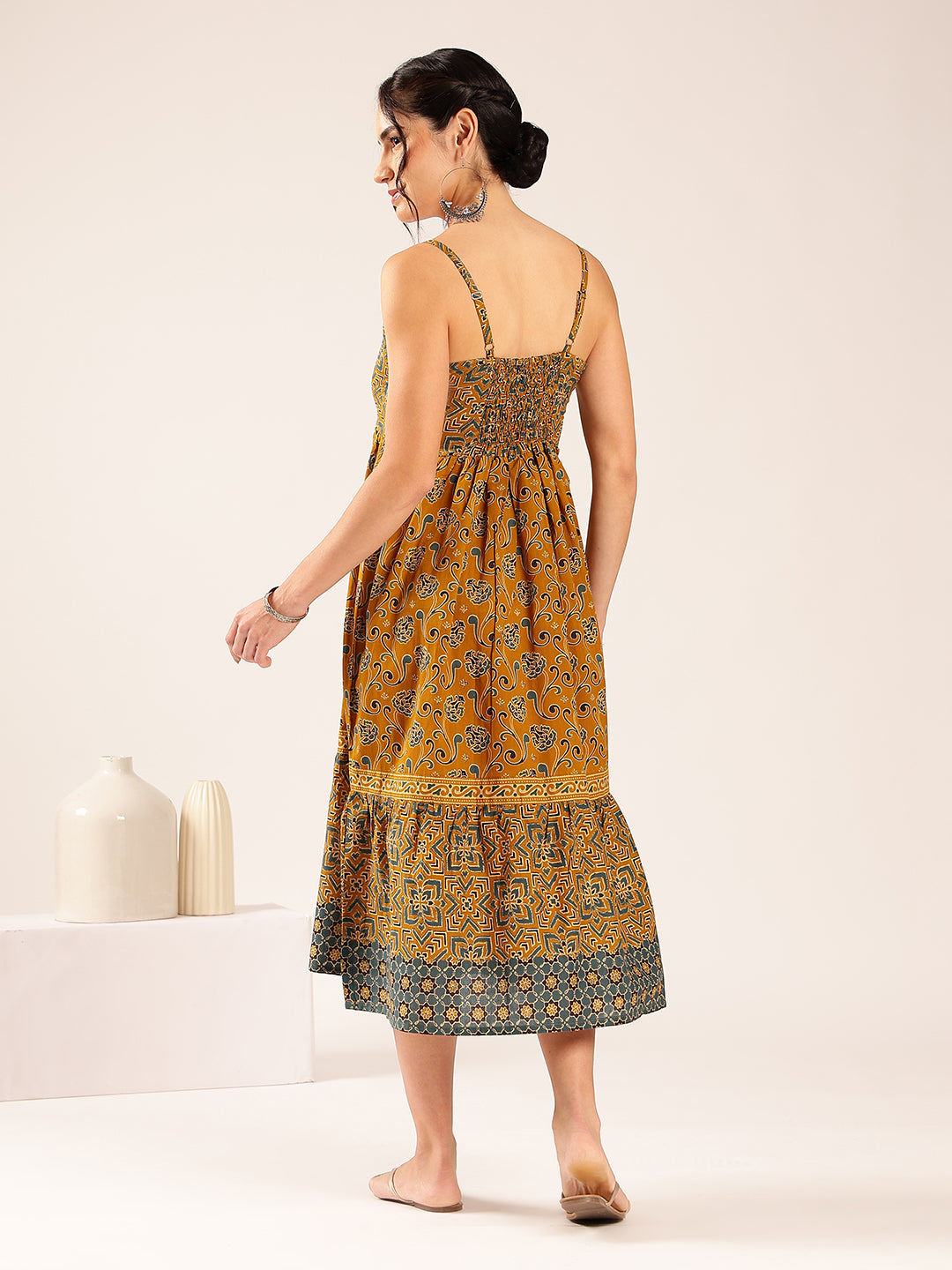 Mustard Geometric Print Flared Cotton Stitched Dress