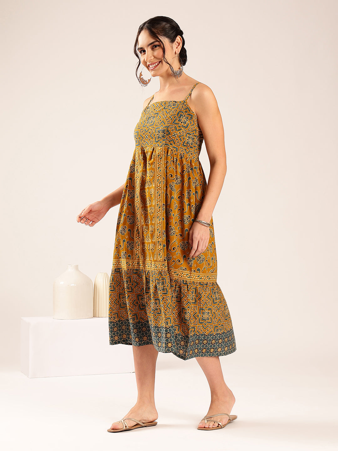 Mustard Geometric Print Flared Cotton Stitched Dress