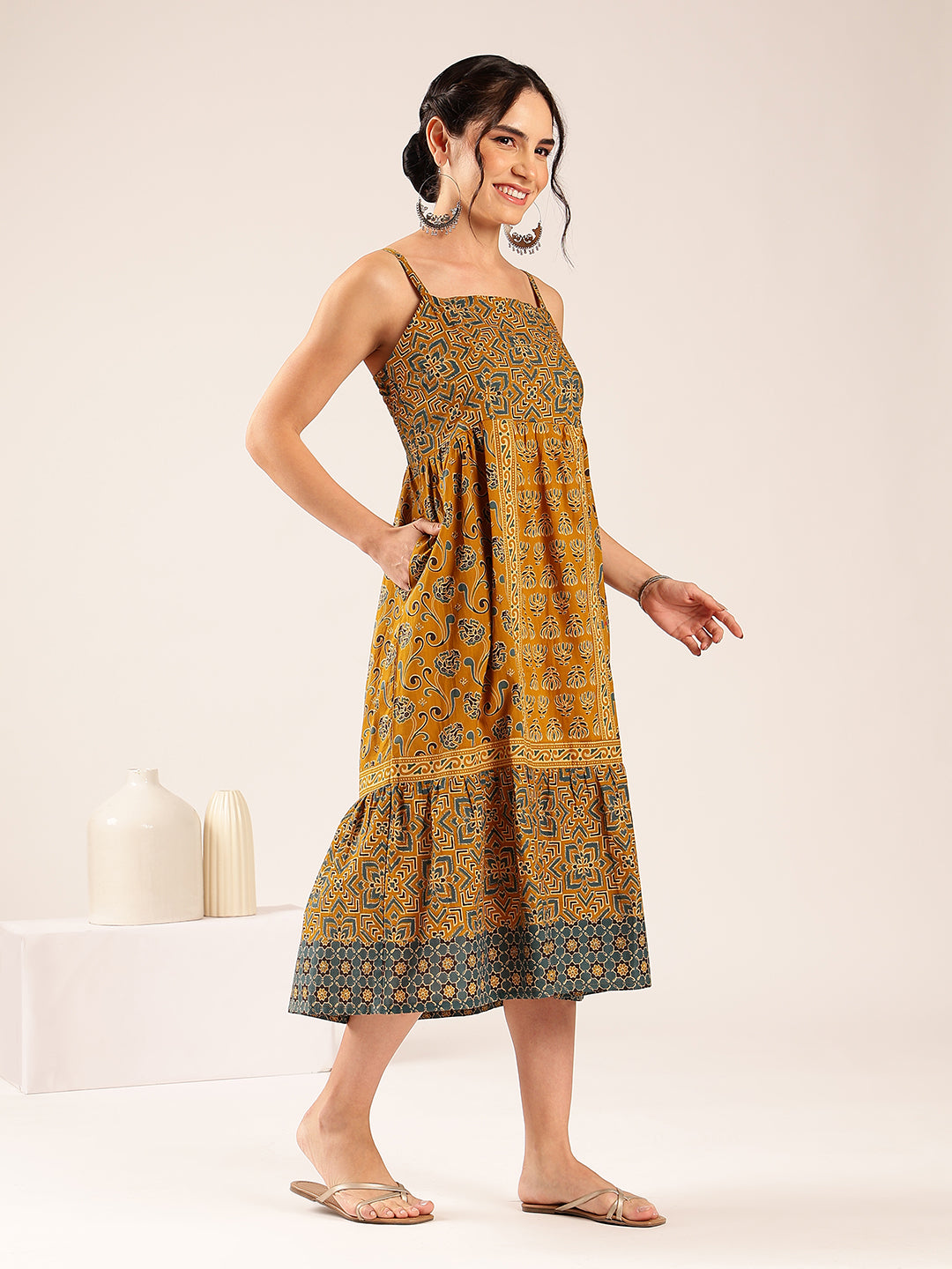 Mustard Geometric Print Flared Cotton Stitched Dress
