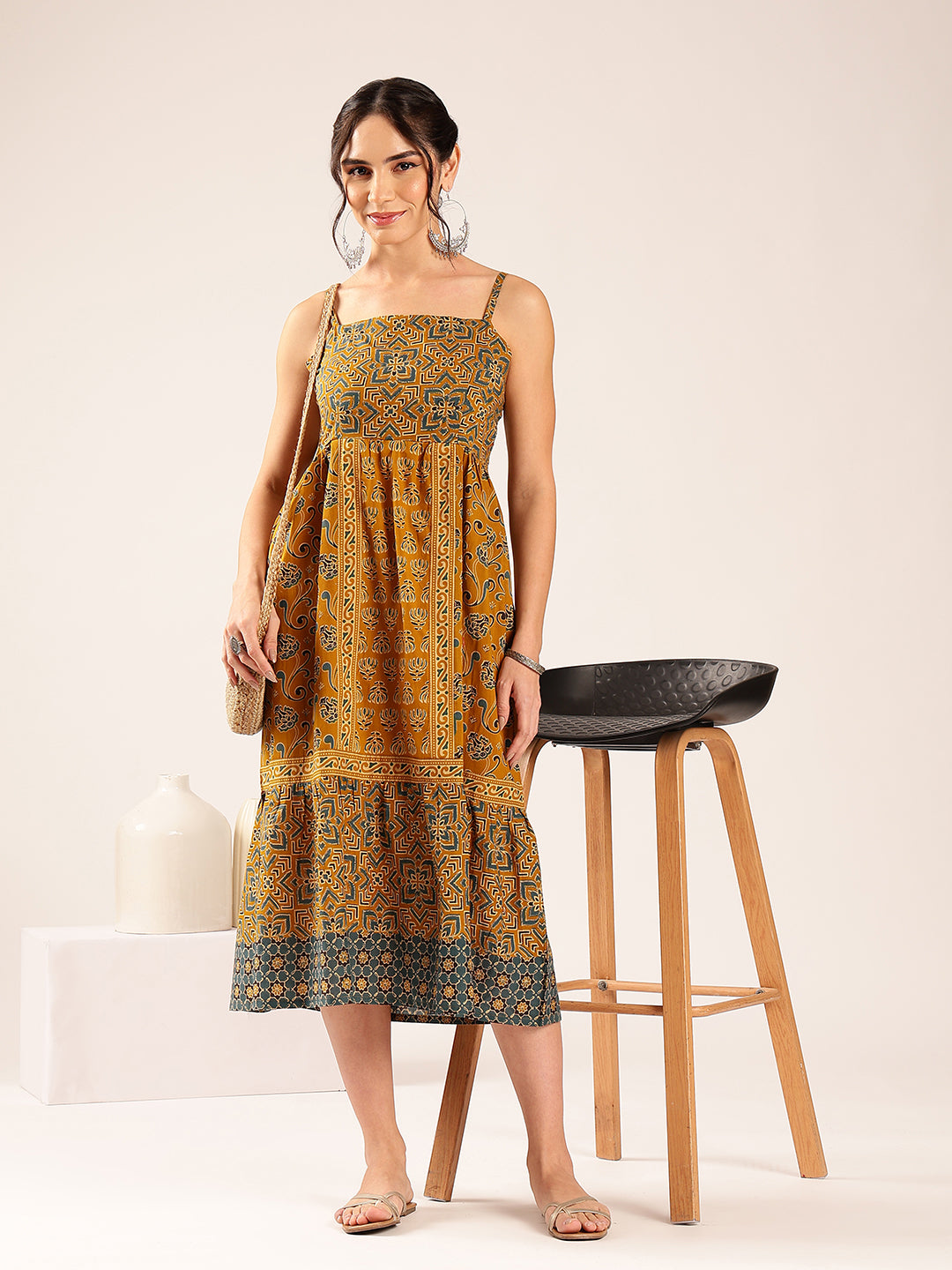 Mustard Geometric Print Flared Cotton Stitched Dress