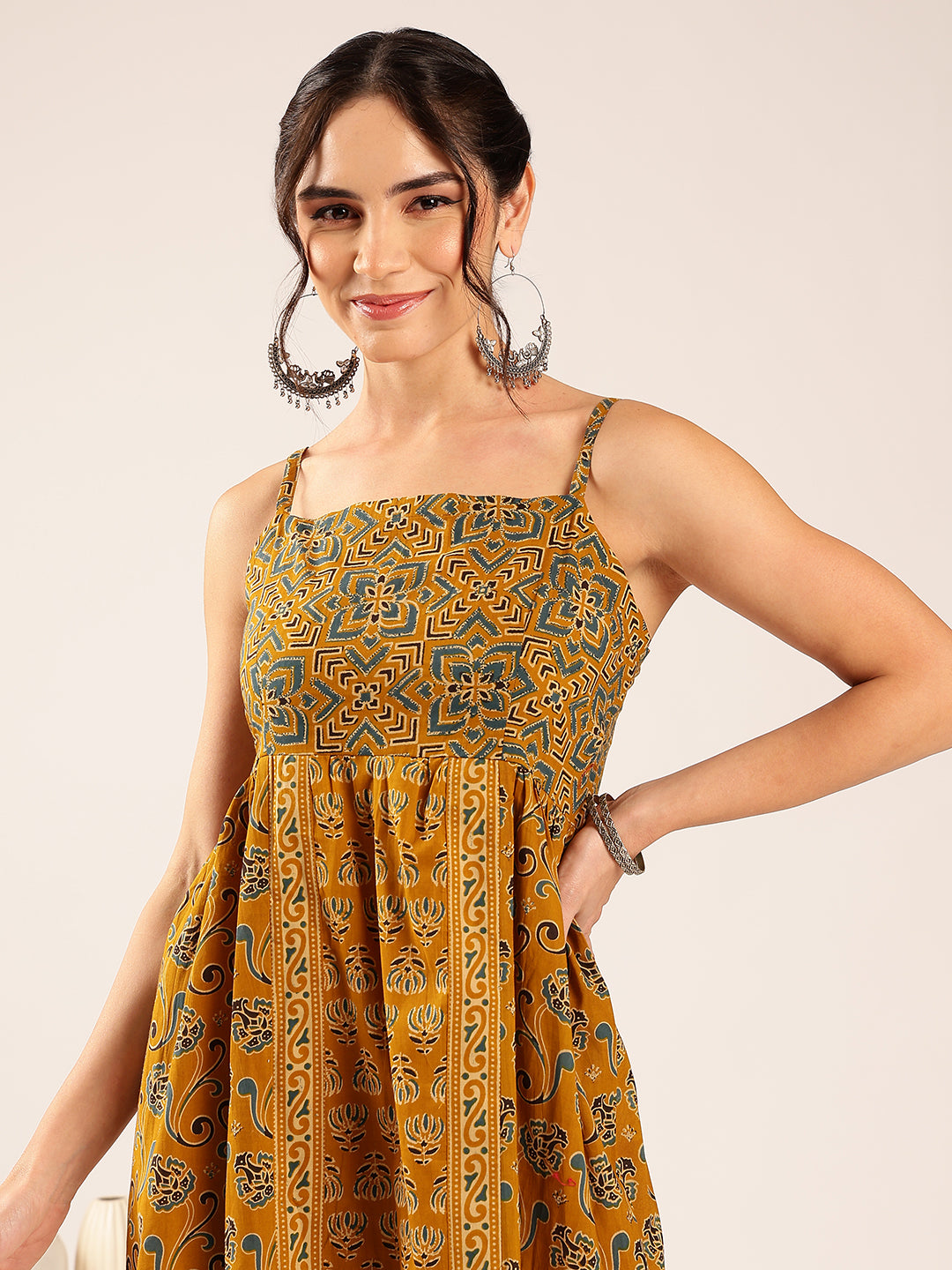 Mustard Geometric Print Flared Cotton Stitched Dress