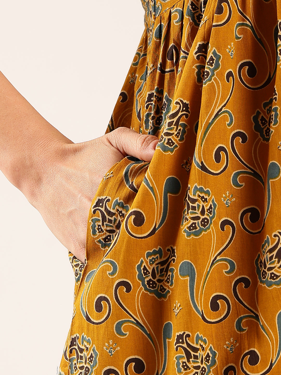 Mustard Geometric Print Flared Cotton Stitched Dress