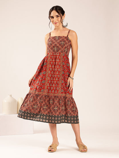 Maroon Geometric Print Flared Cotton Stitched Dress