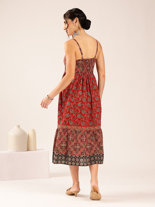 Maroon Geometric Print Flared Cotton Stitched Dress