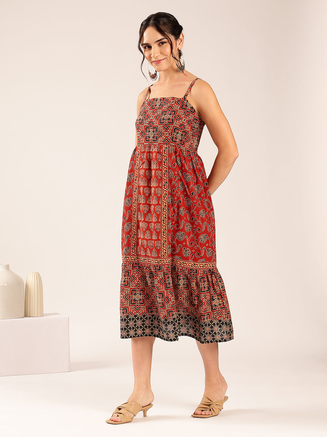 Maroon Geometric Print Flared Cotton Stitched Dress