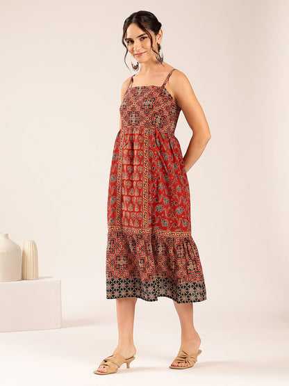 Maroon Geometric Print Flared Cotton Stitched Dress