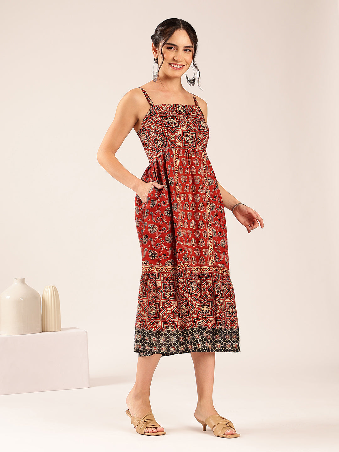 Maroon Geometric Print Flared Cotton Stitched Dress