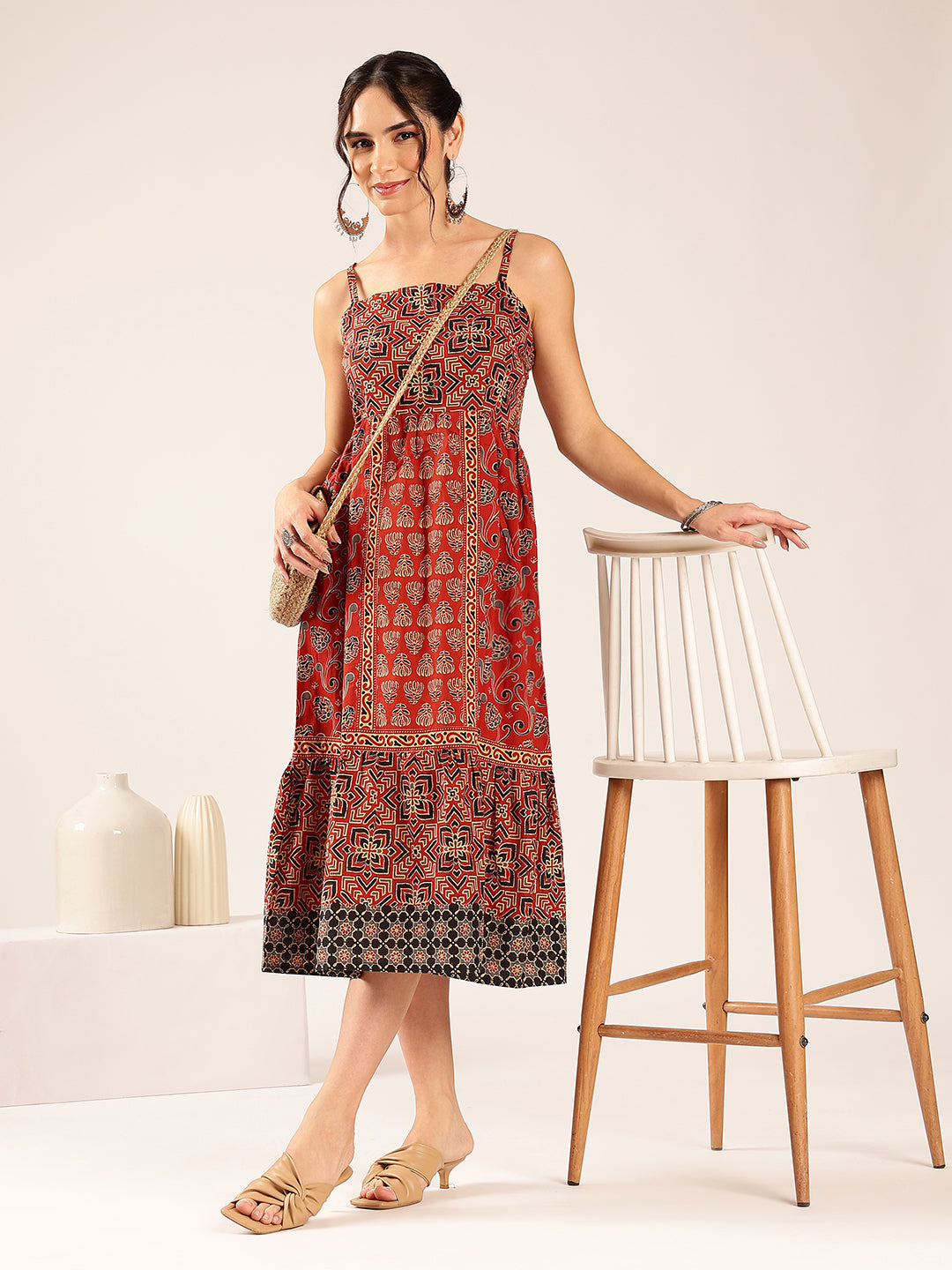 Maroon Geometric Print Flared Cotton Stitched Dress