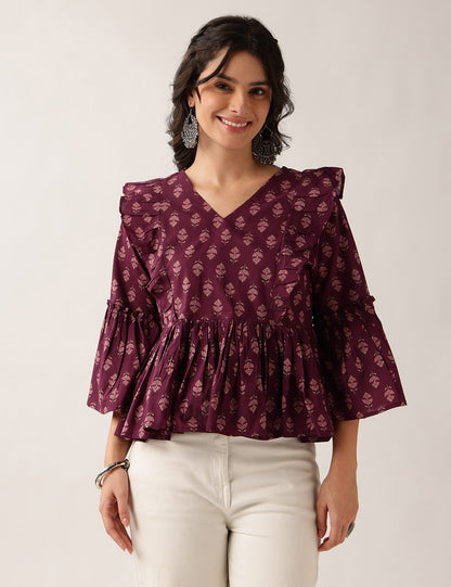 Women'S Wine Floral Flared Cotton Top