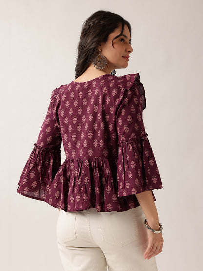 Women'S Wine Floral Flared Cotton Top
