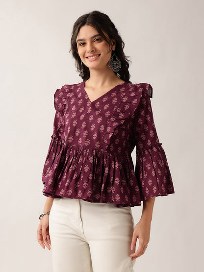 Women'S Wine Floral Flared Cotton Top