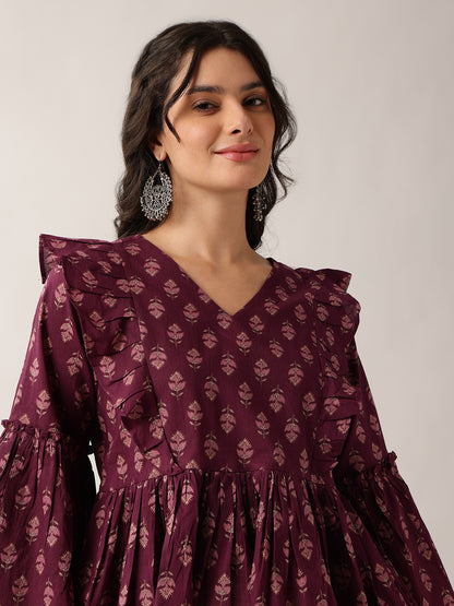 Women'S Wine Floral Flared Cotton Top