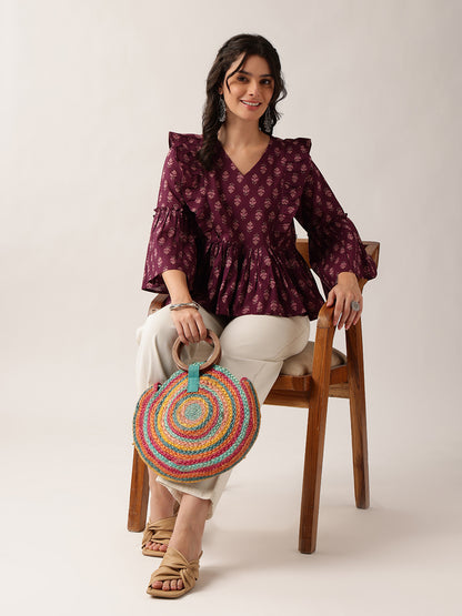 Women'S Wine Floral Flared Cotton Top