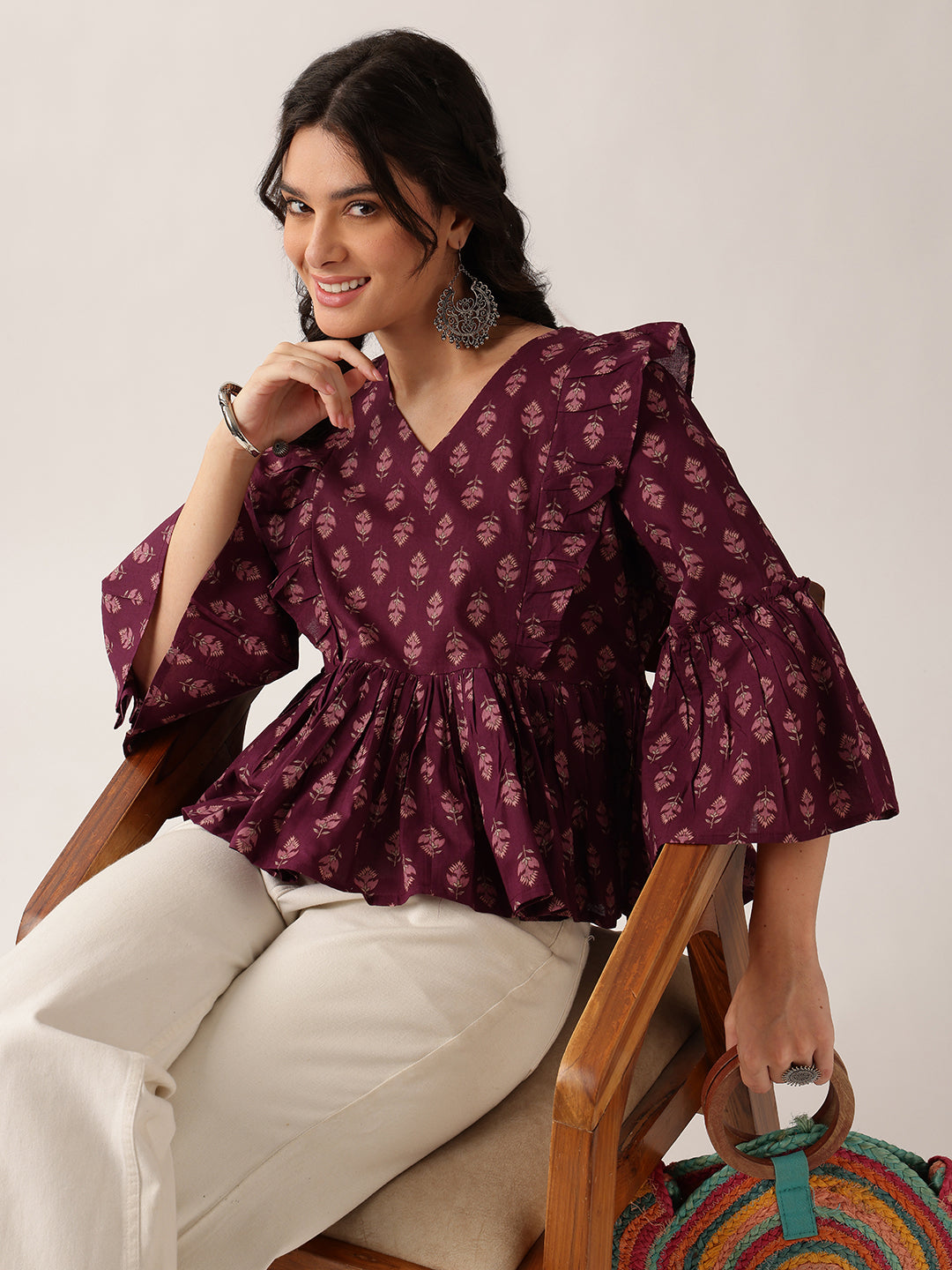 Women'S Wine Floral Flared Cotton Top