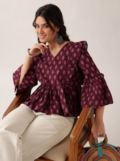 Women'S Wine Floral Flared Cotton Top