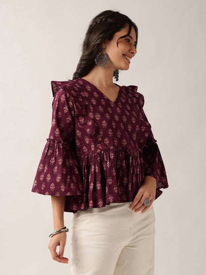 Women'S Wine Floral Flared Cotton Top