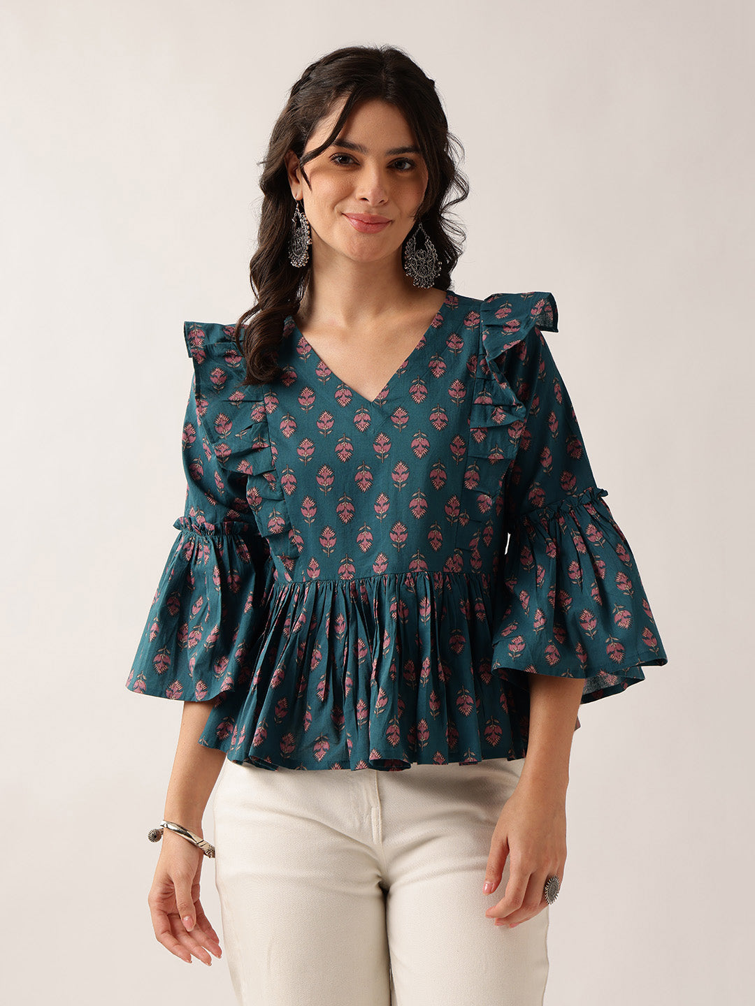 Teal Floral Flared Cotton Top