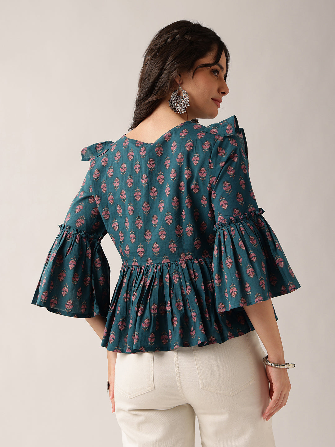 Teal Floral Flared Cotton Top