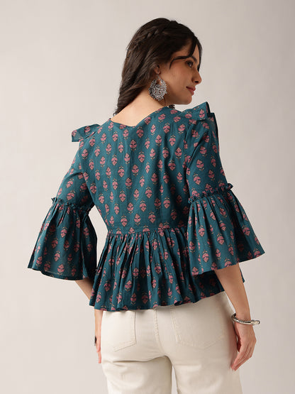 Teal Floral Flared Cotton Top
