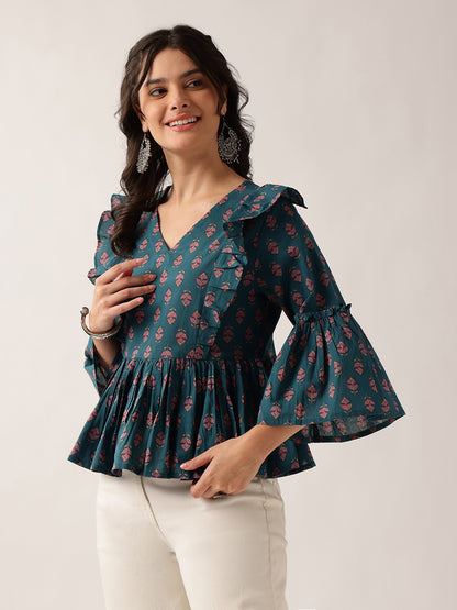 Teal Floral Flared Cotton Top