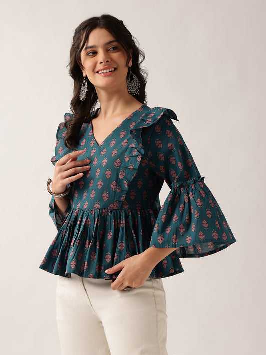 Teal Floral Flared Cotton Top