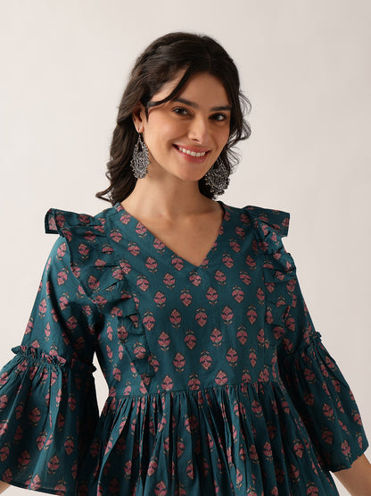 Teal Floral Flared Cotton Top