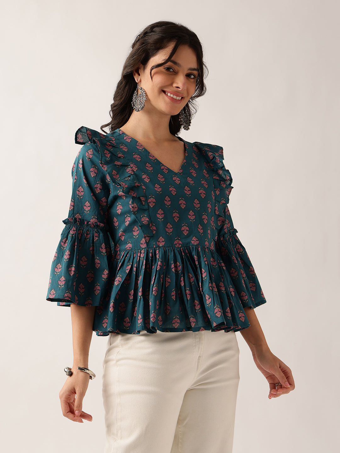 Teal Floral Flared Cotton Top