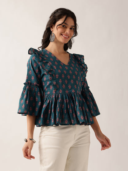 Teal Floral Flared Cotton Top