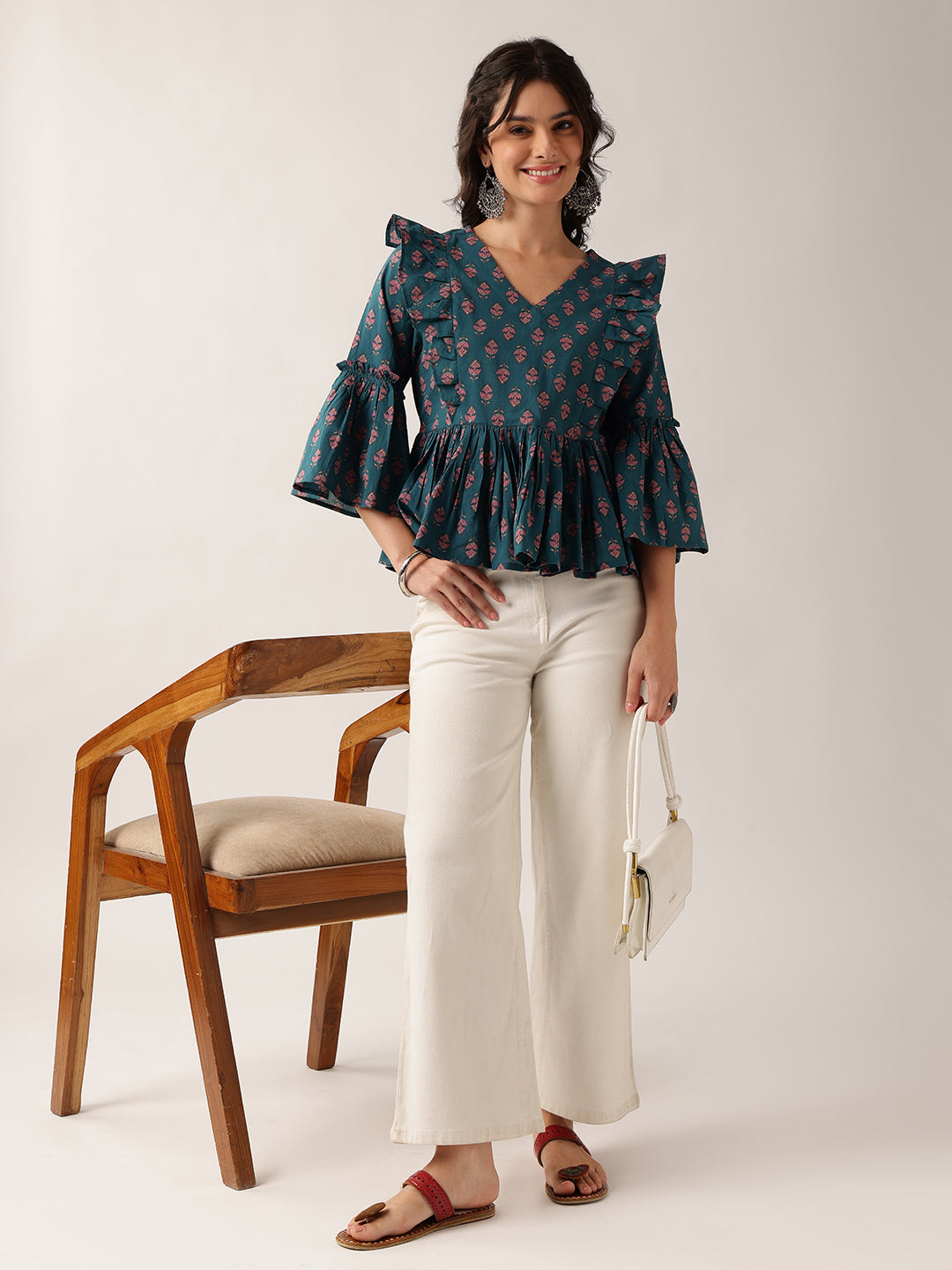 Teal Floral Flared Cotton Top