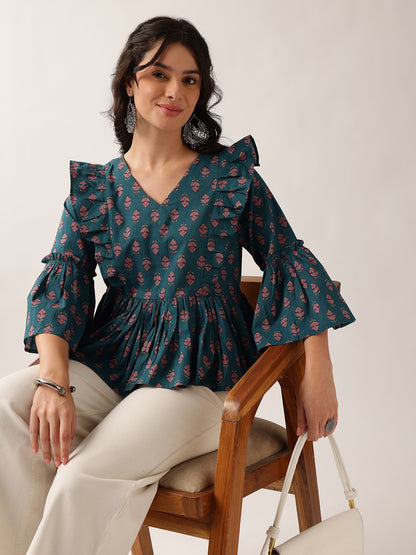 Teal Floral Flared Cotton Top