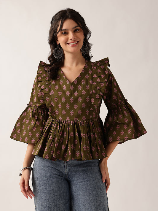 Mehendi Floral Flared Cotton Top