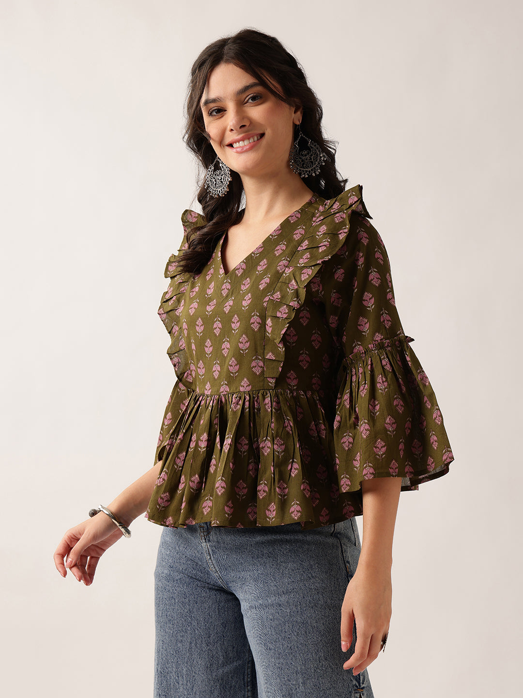 Women'S Mehendi Floral Flared Cotton Top