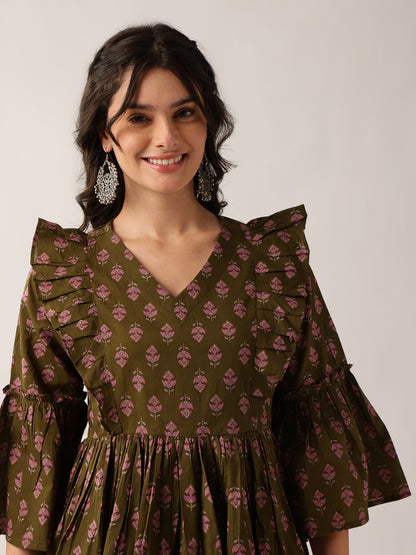 Women'S Mehendi Floral Flared Cotton Top