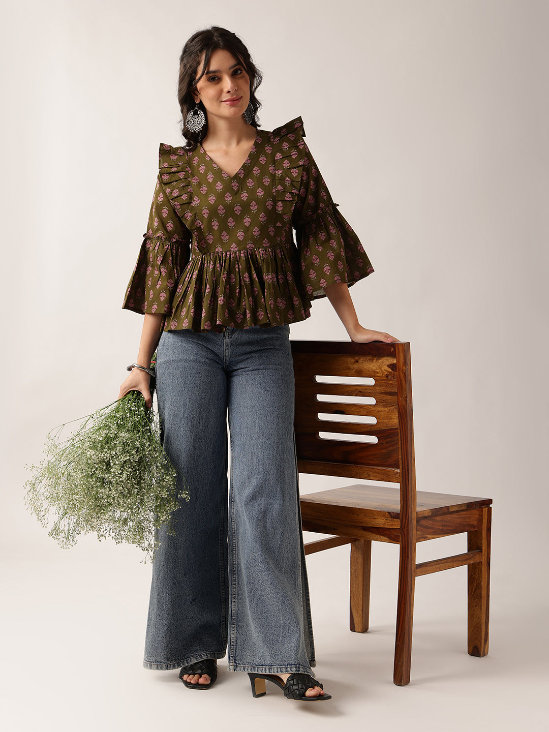 Women'S Mehendi Floral Flared Cotton Top