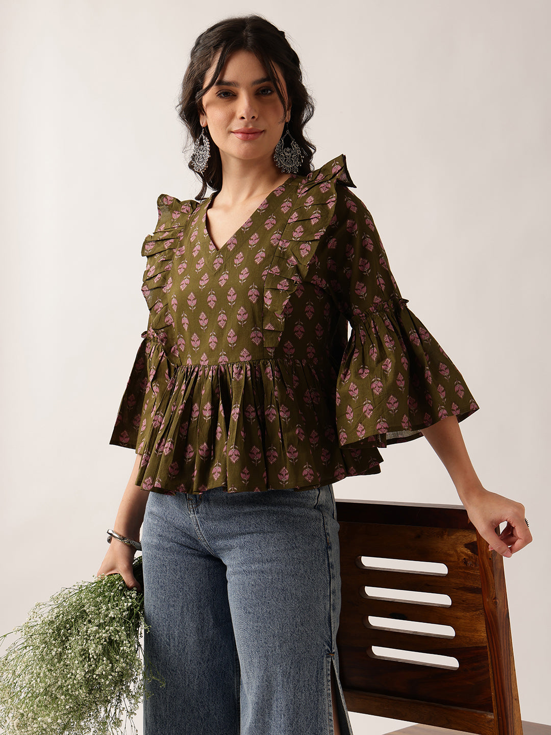 Women'S Mehendi Floral Flared Cotton Top