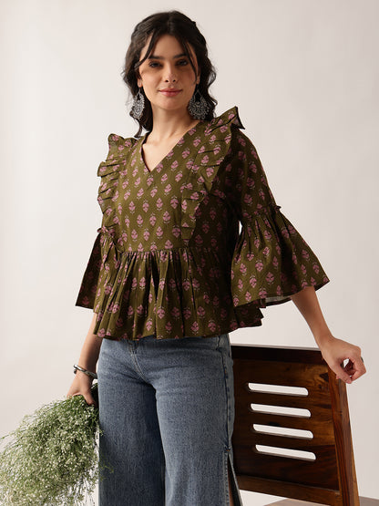 Women'S Mehendi Floral Flared Cotton Top