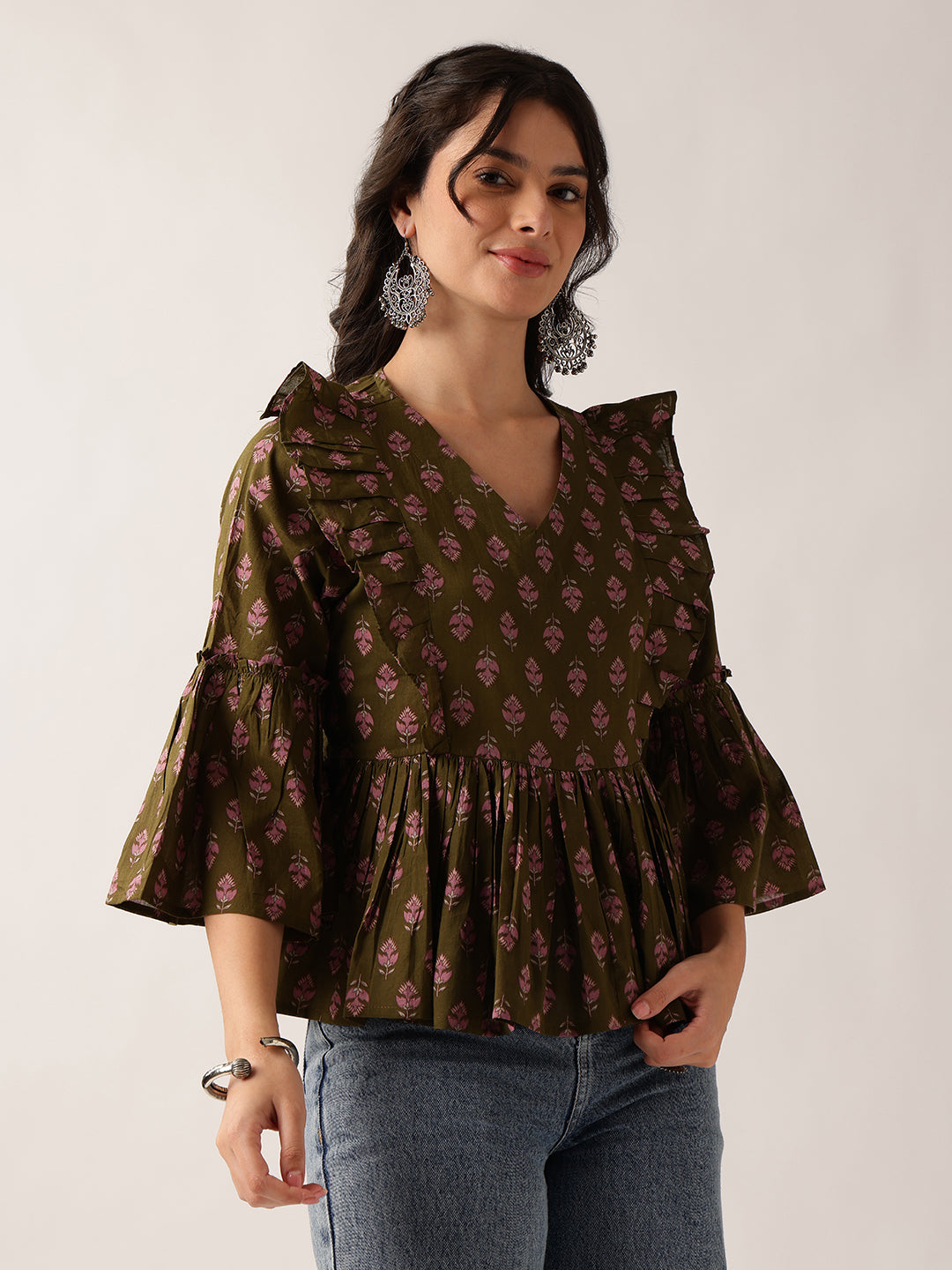 Women'S Mehendi Floral Flared Cotton Top