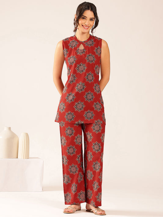 Maroon Floral Straight Cotton Stitched Co-Ord Set
