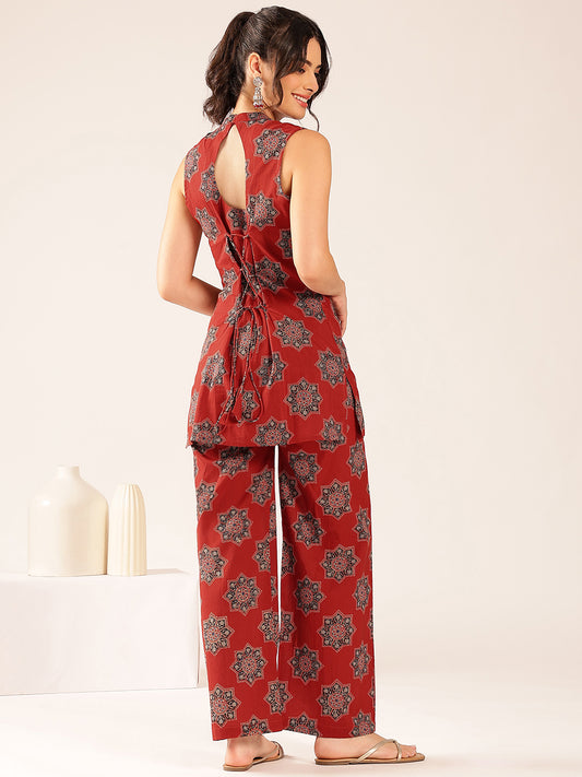 Maroon Floral Straight Cotton Stitched Co-Ord Set